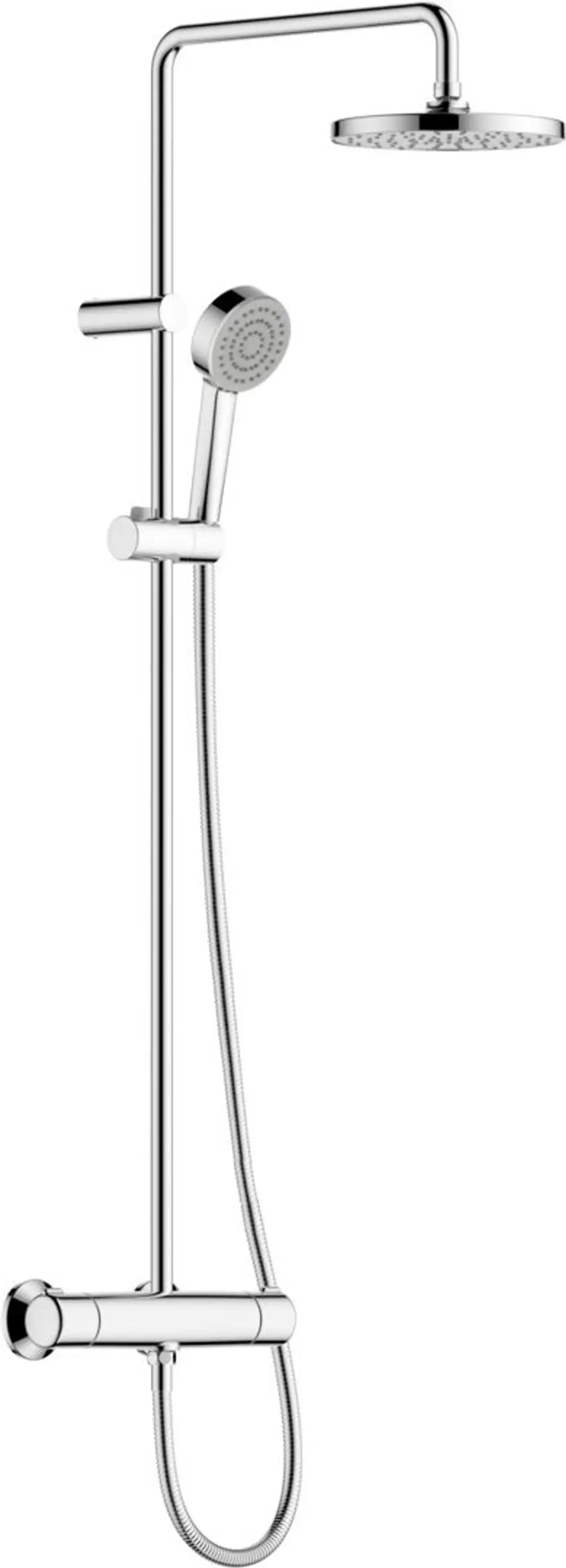 Duscharmatur von HANSA mit oben angebrachtem Regenbrausekopf und Handbrause, verchromt, mit flexibler Schlauchverbindung.